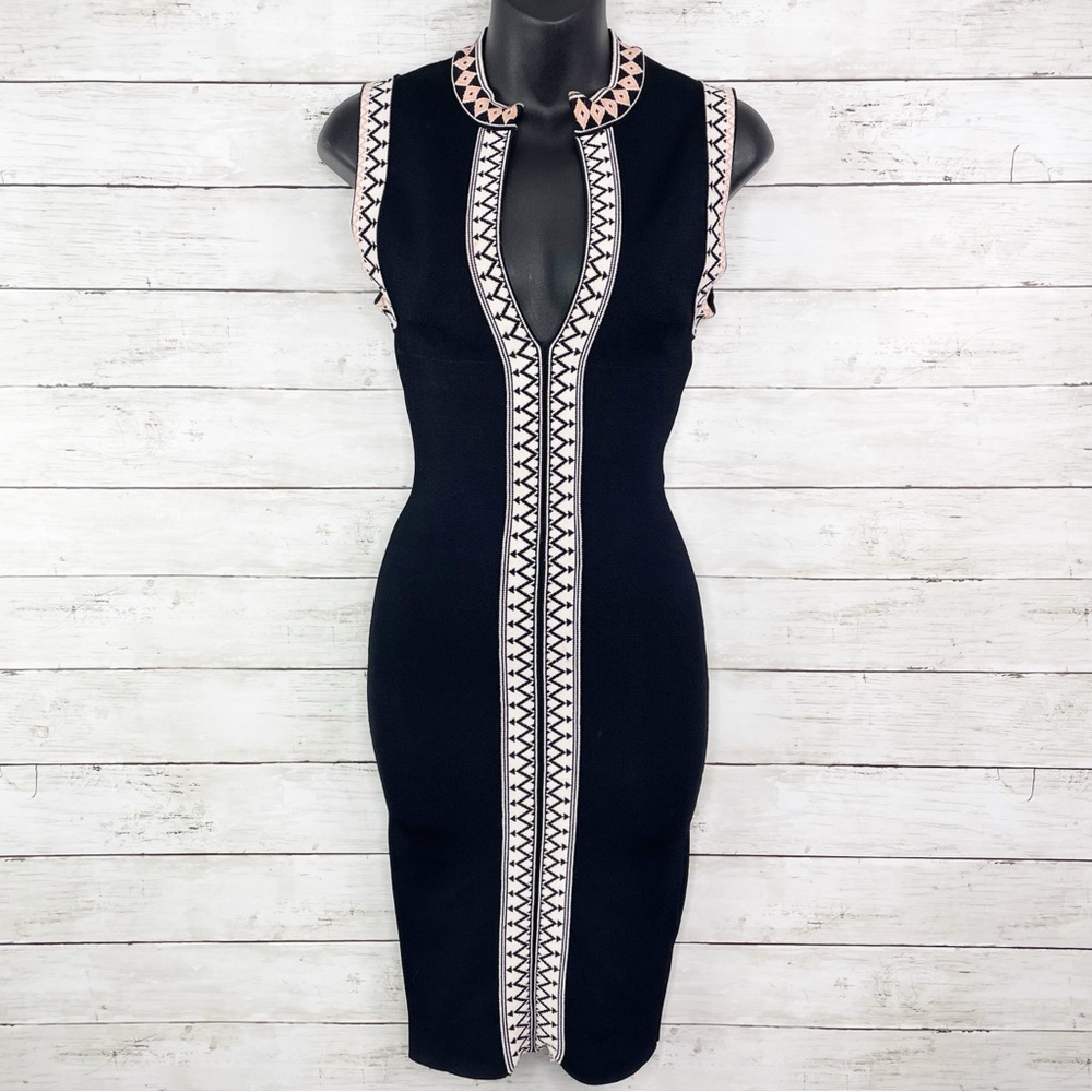 Ronny Kobo Collection Pointelle Knit Dress Black And White Deep V-neck Bodycon